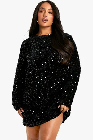 Boohoo Plus Loshangende Fluwelen Jurk Met Pailletten En Rug Strik