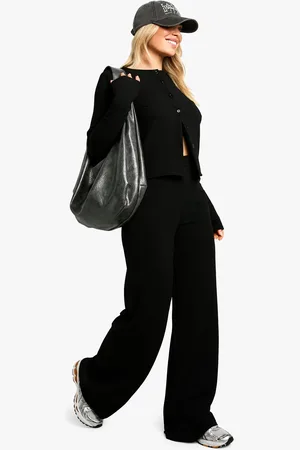 Boohoo Geribbelde Set Met Cardigan En Wide Leg Broek