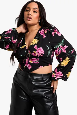 Boohoo Plus Long Line Bloemen Korset Top Met Pofmouwen