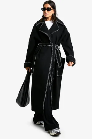 Boohoo Tall Nepwollen Jas Met Ceintuur En Contrasterende Stiksels