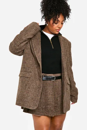 Boohoo Plus Geruite Wollen Blazer Met Dubbele Knopen