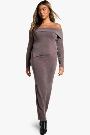 Boohoo Plus Geribbelde Off Shoulder Two Tone Top En Maxi Rok Set