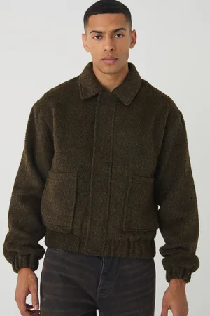 Boohoo Kaki Geborstelde Wollen Boxy Harrington Jas