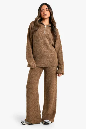 Boohoo Oversized Gebreide Trui Met Korte Rits En Wide Leg Broek Set