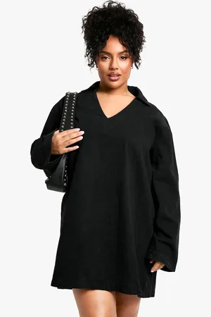 Boohoo Plus Gebleekte Zwarte Mini Spijkerjurk Met Polo Kraag