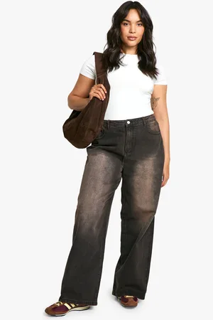 Boohoo Plus Donkerbruine Gebleekte Wide Leg Jeans