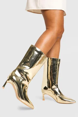 Boohoo Glanzende Metallic Enkellaarsjes Met Brede Hak