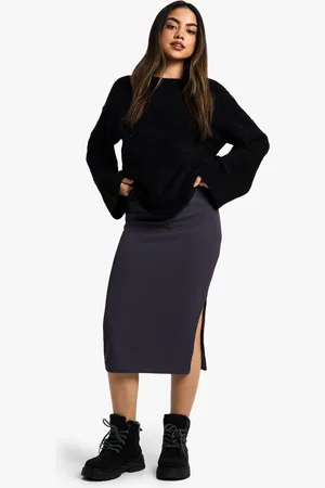Boohoo Geribbelde Midi Rok Met Zijsplit