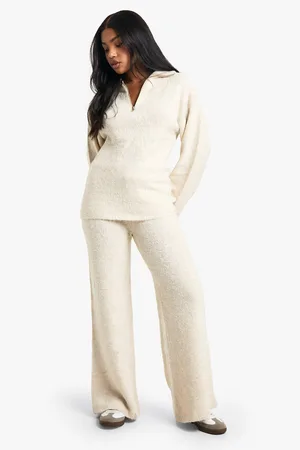 Boohoo Oversized Gebreide Trui Met Korte Rits En Wide Leg Broek Set
