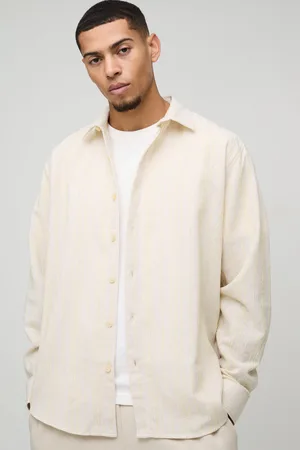 Boohoo Super Oversized Geborduurd Gestreept Linnen Look Overhemd Met Kraag