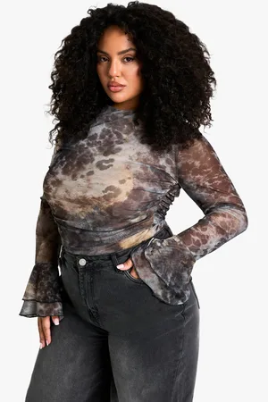 Boohoo Plus Abstracte Mesh One Piece Met Wijde Mouwen