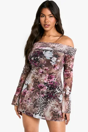Boohoo Mesh Off Shoulder Mini Jurk Met Print