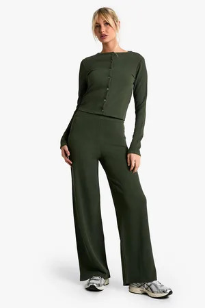 Boohoo Geribbelde Set Met Cardigan En Wide Leg Broek