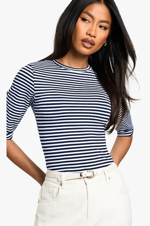 Boohoo Gestreepte One Piece Met Driekwartsmouwen En Crewneck