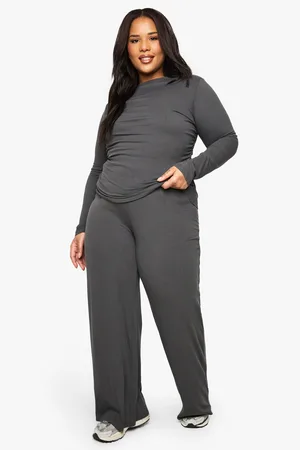 Boohoo Plus Zachte Geribbelde Wide Leg Broek