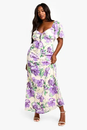 Boohoo Plus Bloemenprint Maxi Jurk Met Korte Mouwen, Print En Ruches