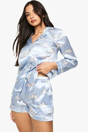 Boohoo Satijnen Wolkenprint Overhemd En Shorts Set