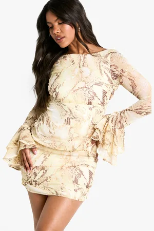 Boohoo Chiffon Slangenprint Mini Jurk Met Ruches