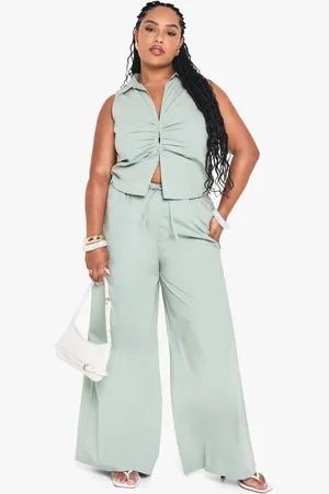 Boohoo Plus Wide Leg Poplin Broek Met Touwtjes