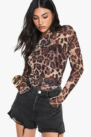 Boohoo Gekruiste Mesh Luipaardprint One Piece Met Wijde Mouwen