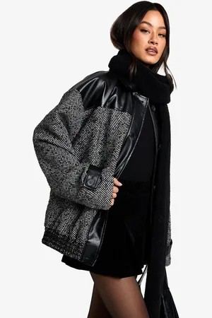 Boohoo Tall Oversized Herringbone Bomberjack Met Contrasterende Pu Zoom
