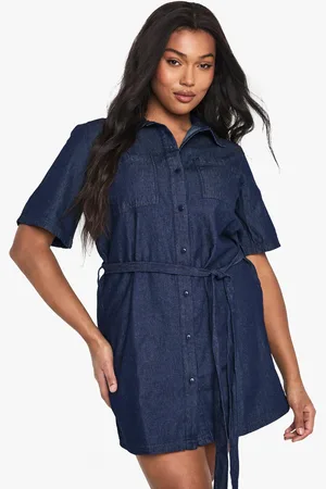 Boohoo Plus Chambray Denim Jurk Met Ceintuur
