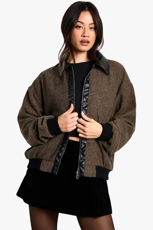 Boohoo Tall Wollen Bomberjack Met Contrasterende Pu Zoom
