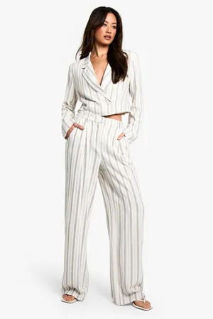 Boohoo Tall Gestreepte Linnen Look Wide Leg Broek