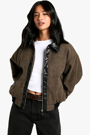 Boohoo Petite Wollen Bomberjack Met Pu Zoom