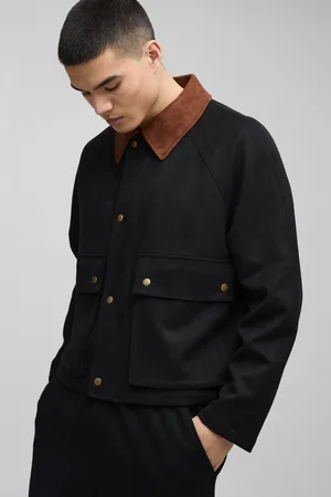 Boohoo Oversized Boxy Nep Suède Harrington Jas Met Contrasterende Kraag