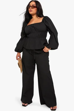 Boohoo Plus Wide Leg Poplin Broek Met Touwtjes