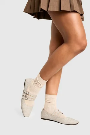 Boohoo Linnen Mary Jane Ballerina Schoenen Met Drie Bandjes