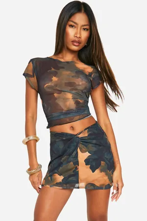 Boohoo Gedraaid Mesh Renaissance Print Mini Rokje