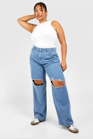 Boohoo Plus Acid Wash Gebleekte Jeans Met Rechte Pijpen En Gescheurde Knieën