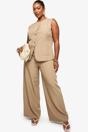 Boohoo Plus Wide Leg Broek Met Trektouwtjes En Krijtstrepen