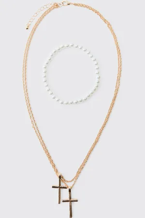 Boohoo Dubbele Ketting Met Kruis En Parel Armband Set