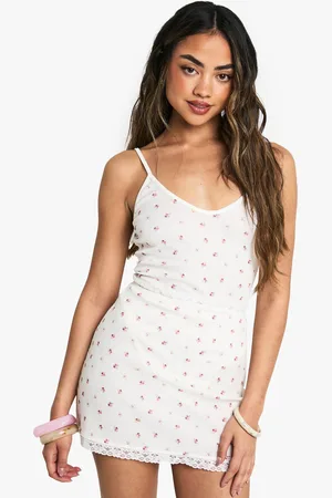 Boohoo Geribbelde High Apex One Piece Met Ditsy Print