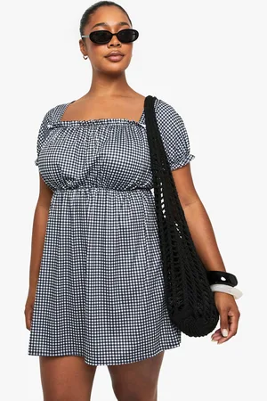 Boohoo Plus Gesmokte Gingham Jurk Met Pofmouwen