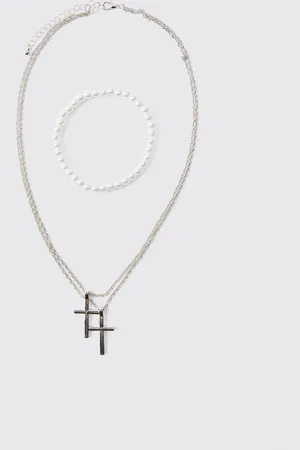 Boohoo Dubbele Ketting Met Kruis En Parel Armband Set