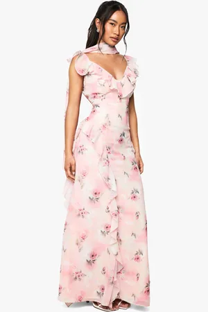 Boohoo Chiffon Sjaal Maxi Jurk Met Ruches