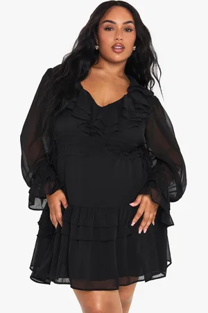 Boohoo Plus Chiffon Skater Jurk Met Geplooide Taille En Ruches