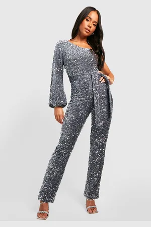 Boohoo Petite Fluwelen Glitter Jumpsuit Met Pailletten En Eén Open Schouder