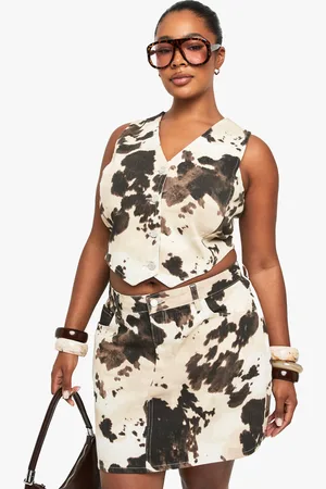 Boohoo Plus Cow Print Denim Mini Skirt
