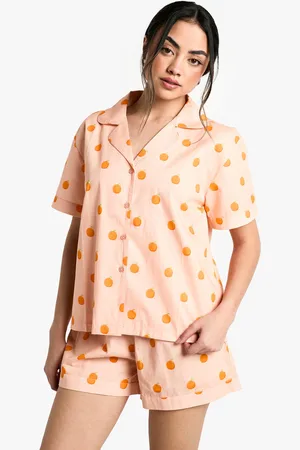 Boohoo Oranje Poplin Pyjama Set Met Korte Mouwen En Opdruk