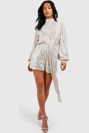 Boohoo Petite Romper Met Pailletten, Hoge Hals En Volle Mouwen