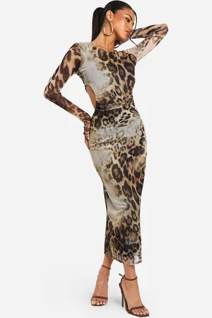 Boohoo Geplooide Mesh Luipaardprint Midaxi Jurk Met Uitsnijding En Lange Mouwen