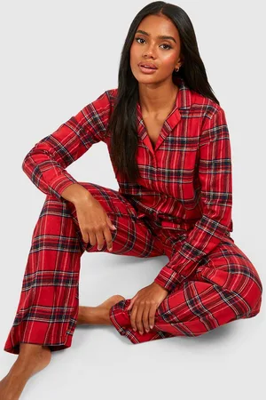 Boohoo Geborstelde Geruite Kerst Pyjama Set Met Knopen En Broek