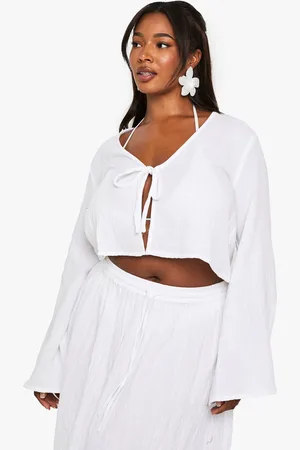 Boohoo Plus Kaasdoek Top Met Lange Mouwen En Strik