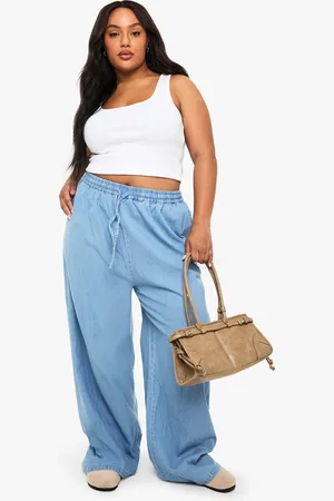 Boohoo Plus Chambray Wide Leg Broek Met Touwtjes