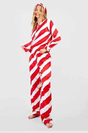 Boohoo Satijnen Candy Cane Gestreepte Pyjama En Haarband Set